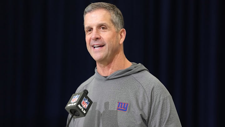 Feb 24, 2026; Indianapolis, IN, USA; New York Giants coach John Harbaugh speaks at the NFL Scouting Combine at the Indiana Convention Center. Mandatory Credit: Kirby Lee-Imagn Images