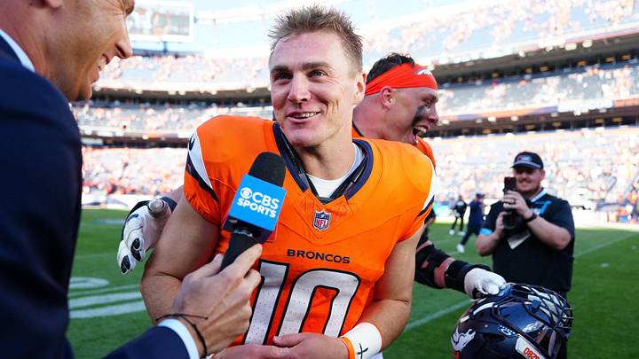 Sep 20, 2026; Denver, Colorado, USA;  Denver Broncos quarterback Bo Nix (10) talks with a reporter after defeating the Jacksonville Jaguars at Empower Field at Mile High.  
