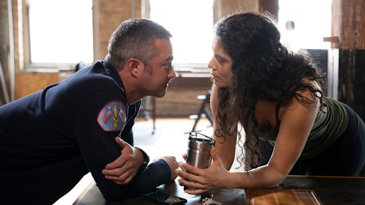 CHICAGO FIRE -- "Hold Our Ground" Episode 810 -- Pictured: (l-r) Taylor Kinney as Lt. Kelly Severide, Miranda Rae Mayo as Stella Kidd -- (Photo by: Adrian Burrows/NBC)