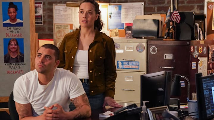 CHICAGO P.D. -- "Off Switch" Episode 12003 -- Pictured: (l-r) Benjamin Levy Aguilar as Dante Torres, Marina Squerciati as Officer Kim Burgess -- (Photo by: Elizabeth Sisson/NBC)