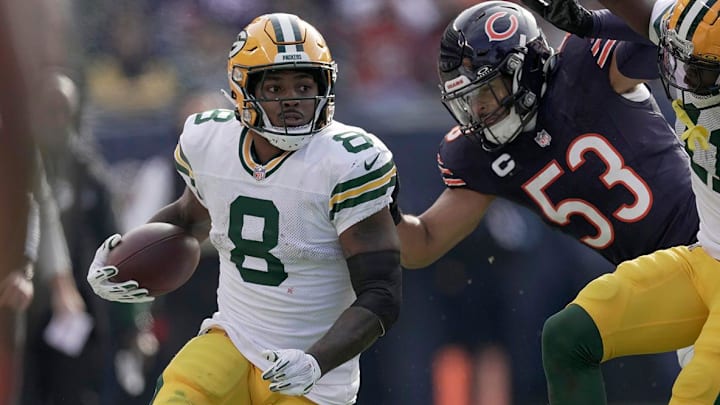 Green Bay Packers running back Josh Jacobs (8) runs during the first quarter of their game against the Chicago Bears Sunday, Nov. 17, 2024, at Soldier Field in Chicago.