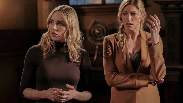 Legends of Tomorrow -- "Knocked Down, Knocked Up" -- Image Number: LGN713a_0085r.jpg -- Pictured (L-R): Caity Lotz as Sara Lance and Jes Macallan as Ava Sharpe -- Photo: Bettina Strauss/The CW -- (C) 2022 The CW Network, LLC. All Rights Reserved.