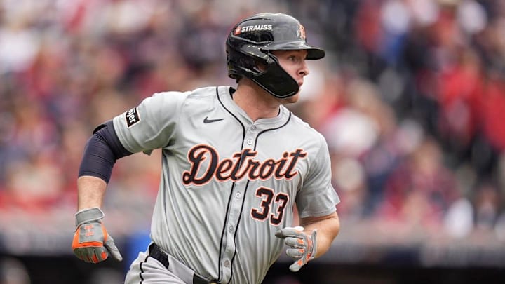 Tigers' Colt Keith runs after batting a double against Guardians in the 7th inning at Game 5 of ALDS at Progressive Field in Cleveland, Ohio on Saturday, Oct. 12, 2024.