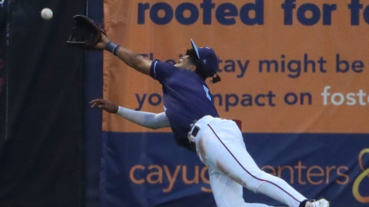 Wilmington's Daylen Lile dives but can't get to a long Renegade drive in the fourth inning of the Blue Rocks' 6-3 loss at Frawley Stadium, Friday, August 4, 2023. Wilmington's Daylen Lile dives but can't get to a long Renegade drive in the fourth inning of the Blue Rocks' 6-3 loss at Frawley Stadium, Friday, August 4, 2023.
