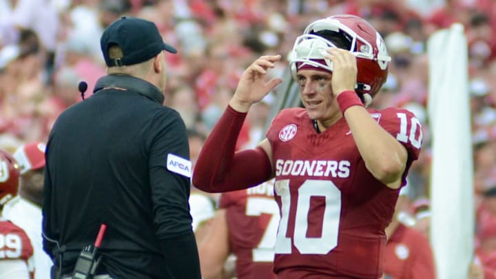 Oklahoma quarterback John Mateer, offensive coordinator Ben Arbuckle