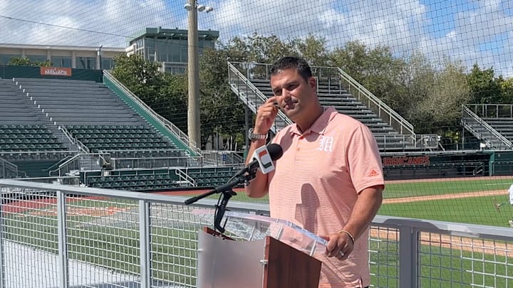 Miami Hurricanes baseball coach J.D. Arteaga during media before opening weekend. Miami Hurricanes baseball coach J.D. Arteaga during media before opening weekend.