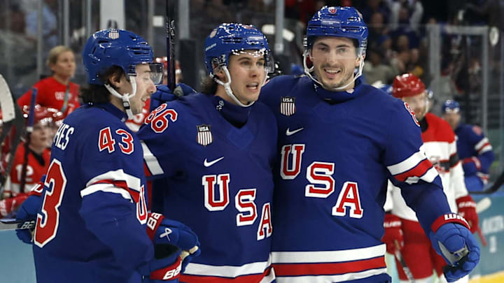 Jack Hughes of United States celebrates scoring alongside his brother Quinn Hughes: Geoff Burke-Imagn Images
