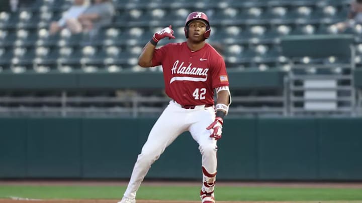 Alabama Baseball Player Eric Hines (42) celebrates against Alabama State at Sewell-Thomas Stadium in Tuscaloosa, AL on Wednesday, Feb 18, 2026.