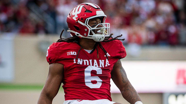 Indiana's Mikail Kamara (6) celebrates against Michigan at Memorial Stadium. Indiana's Mikail Kamara (6) celebrates against Michigan at Memorial Stadium.