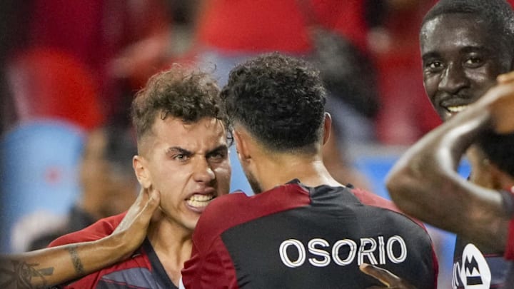 Aug 4, 2024; Toronto, Ontario, CAN; Toronto FC midfielder Kobe Franklin (19) celebrates after scoring against Pachuca during the second half of the Leagues Cup at BMO Field. Mandatory Credit: Kevin Sousa-USA TODAY Sports