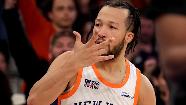 Apr 11, 2025; New York, New York, USA; New York Knicks guard Jalen Brunson (11) celebrates his three point shot against the Cleveland Cavaliers during the fourth quarter at Madison Square Garden. Mandatory Credit: Brad Penner-Imagn Images