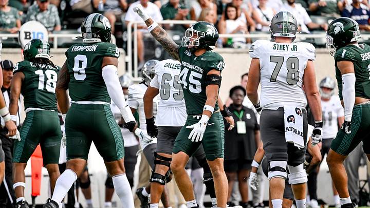 Michigan State’s Brady Pretzlaff celebrates a stop against Eastern Michigan during the first quarter on Saturday, Sept. 12, 2026, at Spartan Stadium in East Lansing.
