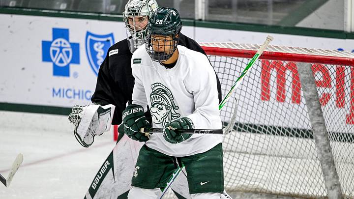 Michigan State’s Cayden Lindstrom participates in a drill during hockey practice on Wednesday, Oct. 7, 2026, at Munn Ice Arena in East Lansing. Michigan State’s Cayden Lindstrom participates in a drill during hockey practice on Wednesday, Oct. 7, 2026, at Munn Ice Arena in East Lansing.