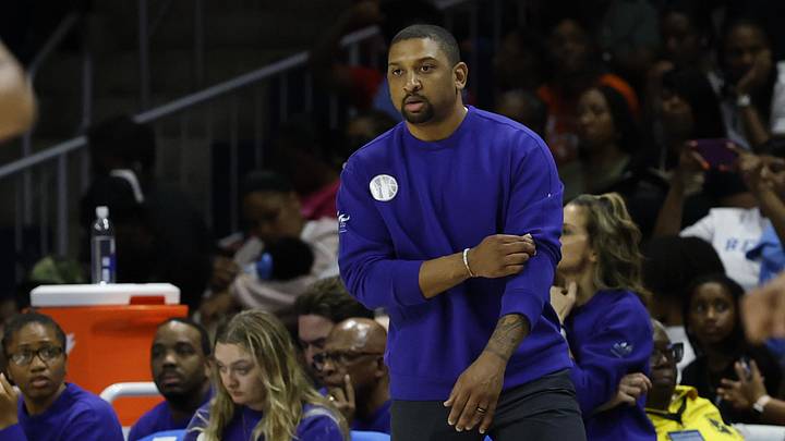 Jul 29, 2025; Washington, District of Columbia, USA; Chicago Sky head coach Tyler Marsh looks on from the bench against the Washington Mystics in the first half at CareFirst Arena. Mandatory Credit: Geoff Burke-Imagn Images