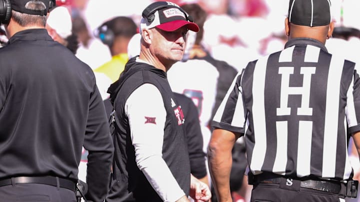 Texas Tech head coach Joey McGuire looks on during a Big 12 Conference football game, Saturday, Nov. 8, 2025, at Jones AT&T Stadium. Texas Tech head coach Joey McGuire looks on during a Big 12 Conference football game, Saturday, Nov. 8, 2025, at Jones AT&T Stadium.