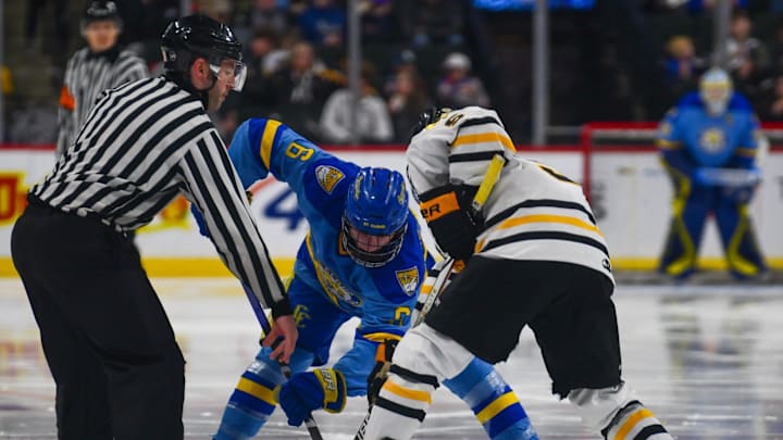 St. Cloud Cathedral boys hockey junior John Hirschfeld takes a faceoff March 8 in the state semifinal vs. Warroad in 2024. The Crusaders won 4-3 and advanced to play in the state championship at the Xcel Center in St. Paul.