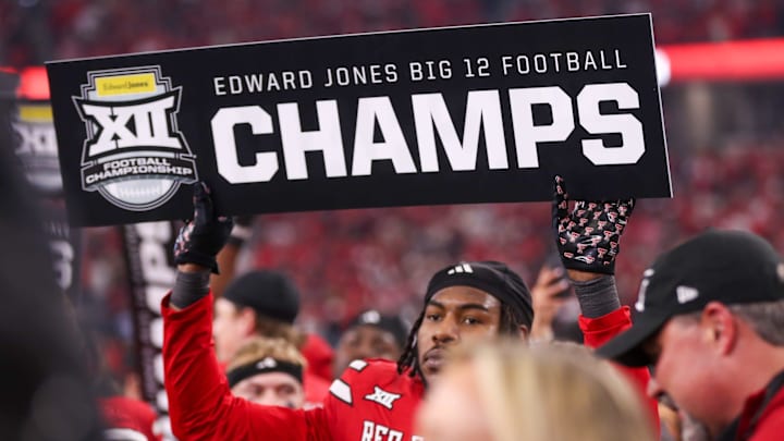 Texas Tech's Charles Esters III holds a sign after the Big 12 Conference championship football game, Saturday, Nov. 6, 2025, at AT&T Stadium in Arlington. Texas Tech's Charles Esters III holds a sign after the Big 12 Conference championship football game, Saturday, Nov. 6, 2025, at AT&T Stadium in Arlington.