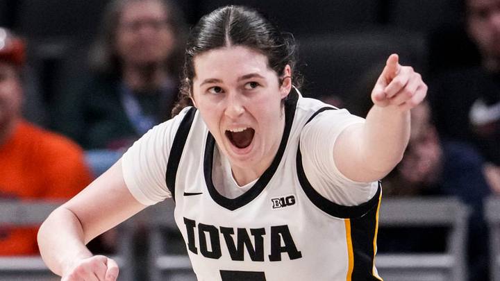 Iowa Hawkeyes center Ava Heiden (5) celebrates Friday, March 6, 2026, during a Big Ten women's basketball tournament game at Gainbridge Fieldhouse in Indianapolis.