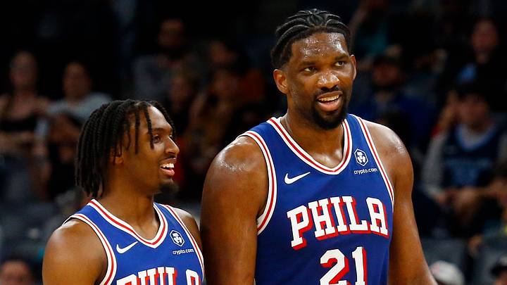 Philadelphia 76ers guard Tyrese Maxey (0) and center Joel Embiid (21) talk as they walk off the court at half time against the Memphis Grizzlies at FedExForum. Philadelphia 76ers guard Tyrese Maxey (0) and center Joel Embiid (21) talk as they walk off the court at half time against the Memphis Grizzlies at FedExForum.