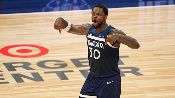 May 24, 2025; Minneapolis, Minnesota, USA; Minnesota Timberwolves forward Julius Randle (30) reacts against the Oklahoma City Thunder during the second half in game three of the western conference finals for the 2025 NBA Playoffs at Target Center. Mandatory Credit: Brad Rempel-Imagn Images