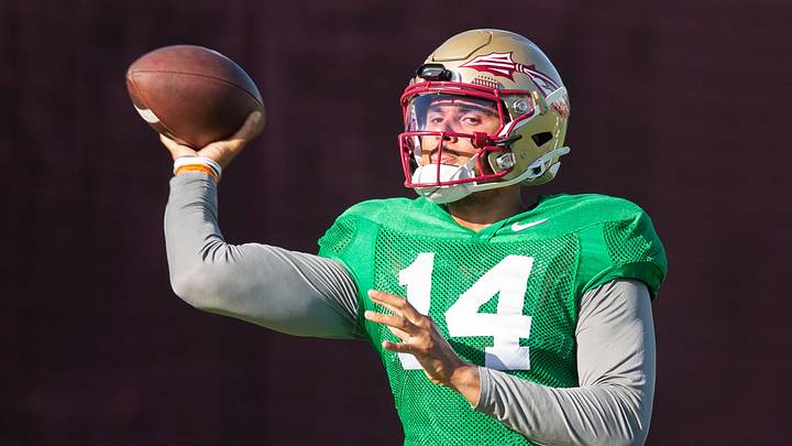 Florida State Seminoles quarterback Ashton Daniels (14) winds up to pass Thursday, April 9, 2026. Florida State Seminoles quarterback Ashton Daniels (14) winds up to pass Thursday, April 9, 2026.