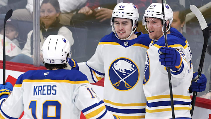 Buffalo Sabres forwards Peyton Krebs, Tyson Kozak and Beck Malenstyn