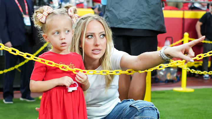 Sep 5, 2024: Brittany Mahomes and daughter Sterling prior to a game between the Baltimore Ravens and the Kansas City Chiefs