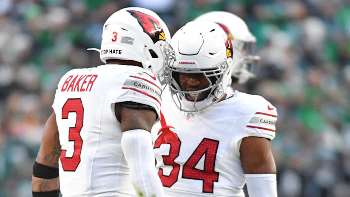 Dec 31, 2023; Philadelphia, Pennsylvania, USA; Arizona Cardinals safety Budda Baker (3) and safety Jalen Thompson (34) celebrate against the Philadelphia Eagles at Lincoln Financial Field. Mandatory Credit: Eric Hartline-USA TODAY Sports