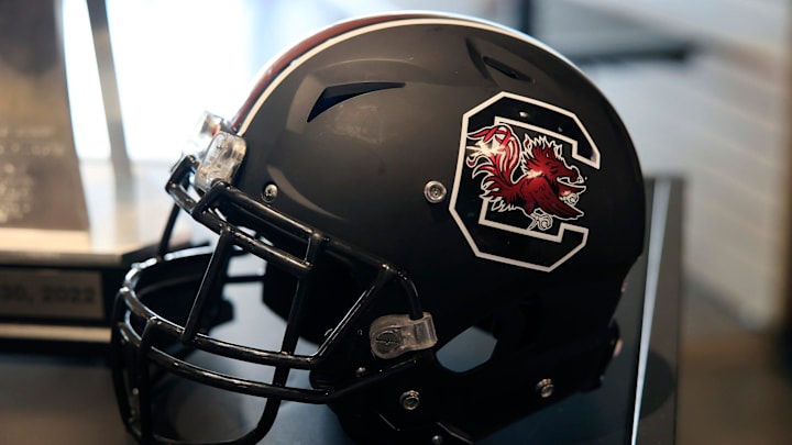 A South Carolina Gamecocks helmet is shown during a media press conference Thursday, Dec. 29, 2022 at TIAA Bank Field in Jacksonville. Friday the Notre Dame Fighting Irish will take on host South Carolina Gamecocks in the TaxSlayer Gator Bowl. Players also met with teens and children battling a life-threatening illness, associated with the local wish-granting organization, \"Dreams Come True.\"

Jki 122922 Final Gator Bowl Pcs 37