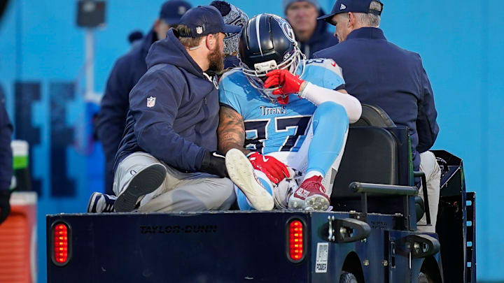 Tennessee Titans wide receiver Xavier Restrepo (87) is taken off the field after an injury during the fourth quarter against the Jacksonville Jaguars at Nissan Stadium in Nashville, Tenn., Sunday, Nov. 30, 2025. Tennessee Titans wide receiver Xavier Restrepo (87) is taken off the field after an injury during the fourth quarter against the Jacksonville Jaguars at Nissan Stadium in Nashville, Tenn., Sunday, Nov. 30, 2025.