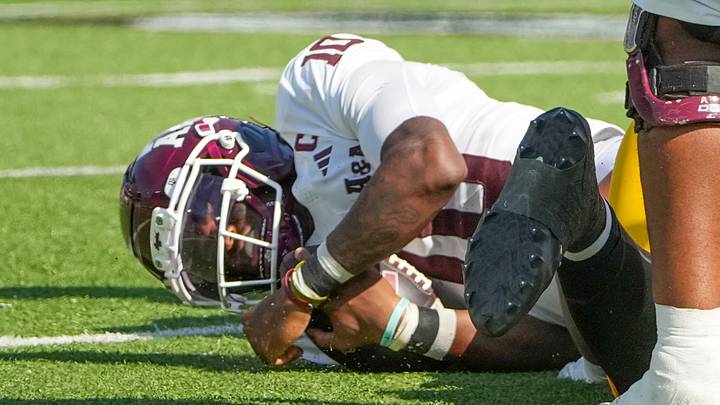 Texas A&M Aggies quarterback Marcel Reed (10) is sacked by Missouri Tigers defensive tackle Donta Simpson (8) (not pictured) during the second half of the game at Faurot Field at Memorial Stadium. Texas A&M Aggies quarterback Marcel Reed (10) is sacked by Missouri Tigers defensive tackle Donta Simpson (8) (not pictured) during the second half of the game at Faurot Field at Memorial Stadium.