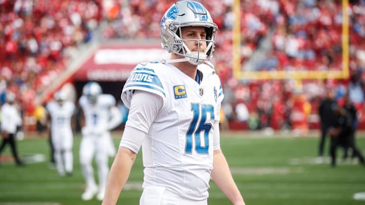 Lions quarterback Jared Goff looks on at during warmups before the NFC championship game at Levi's