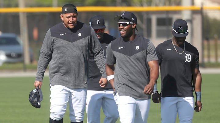 Detroit Tigers infielder Miguel Cabrera and outfielder Akil Baddoo get loose before the first full