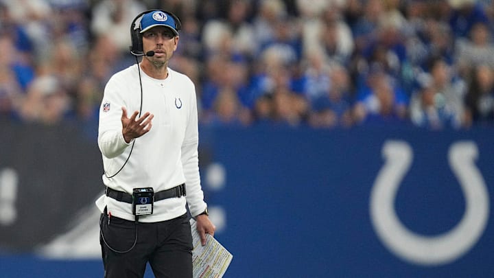 Indianapolis Colts head coach Shane Steichen walks the sideline during the first half of the game against the Los Angeles Rams on Sunday, Oct. 1, 2023, at Lucas Oil Stadium in Indianapolis.