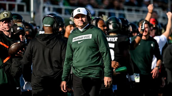 Michigan State's head coach Jonathan Smith looks on form the sideline during the first quarter in the game against Indiana on Saturday, Nov. 2, 2024, at Spartan Stadium in East Lansing.