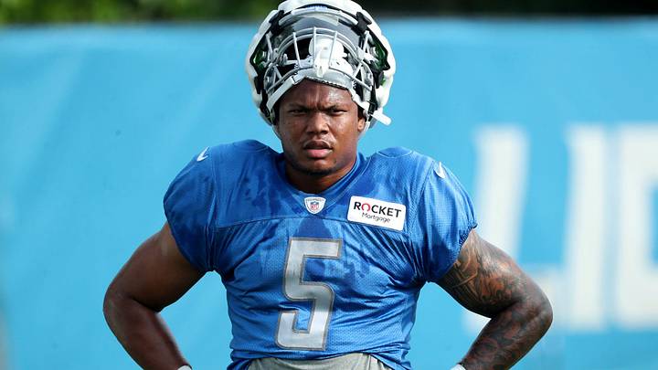 Detroit Lions running back David Montgomery watches drills during training camp Friday, July 28, 2023.