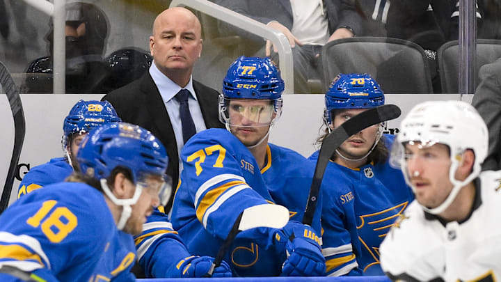 Nov 15, 2025; St. Louis, Missouri, USA; St. Louis Blues head coach Jim Montgomery looks on during the third period against the Vegas Golden Knights at Enterprise Center. Mandatory Credit: Jeff Curry-Imagn Images