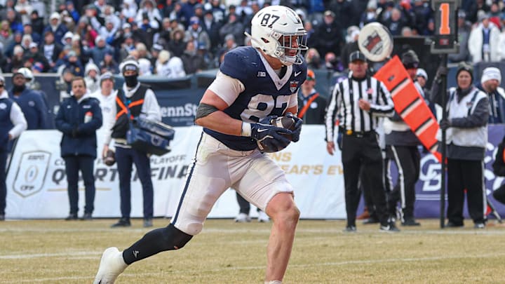 Dec 27, 2025; Bronx, NY, USA; Penn State Nittany Lions tight end Andrew Rappleyea (87) scores on a touchdown reception during the second half of the 2025 Pinstripe Bowl against the Clemson Tigers at Yankee Stadium. Mandatory Credit: Vincent Carchietta-Imagn Images