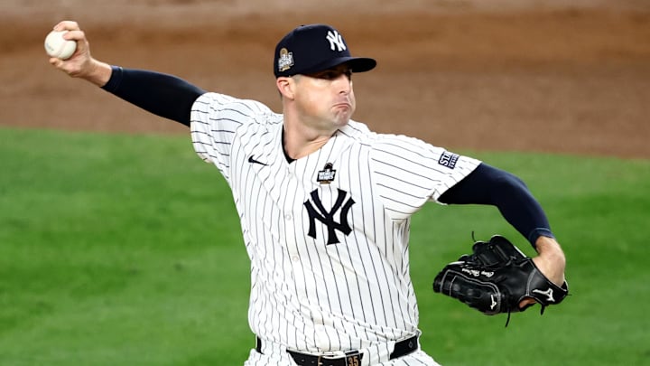 New York Yankees relief pitcher Clay Holmes throws a pitch. New York Yankees relief pitcher Clay Holmes throws a pitch.
