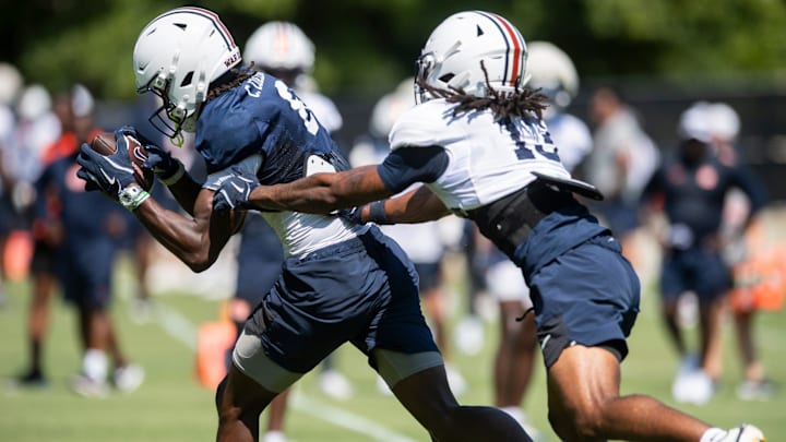 Auburn Tigers wide receiver Cam Coleman (8) catches a pass during practice at Woltosz Football Performance Center in Auburn, Ala. on Tuesday, Aug. 19, 2025.