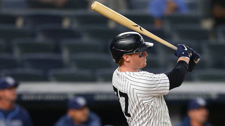 Jun 1, 2021; Bronx, New York, USA; New York Yankees right fielder Clint Frazier (77) hits a walk off game winning two run home run against the Tampa Bay Rays during the eleventh inning at Yankee Stadium. Mandatory Credit: Andy Marlin-USA TODAY Sports Jun 1, 2021; Bronx, New York, USA; New York Yankees right fielder Clint Frazier (77) hits a walk off game winning two run home run against the Tampa Bay Rays during the eleventh inning at Yankee Stadium. Mandatory Credit: Andy Marlin-USA TODAY Sports