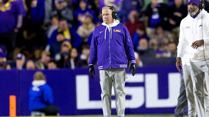 Nov 30, 2024; Baton Rouge, Louisiana, USA;  LSU Tigers head coach Brian Kelly looks on against the Oklahoma Sooners during the fourth quarter at Tiger Stadium. Mandatory Credit: Stephen Lew-Imagn Images