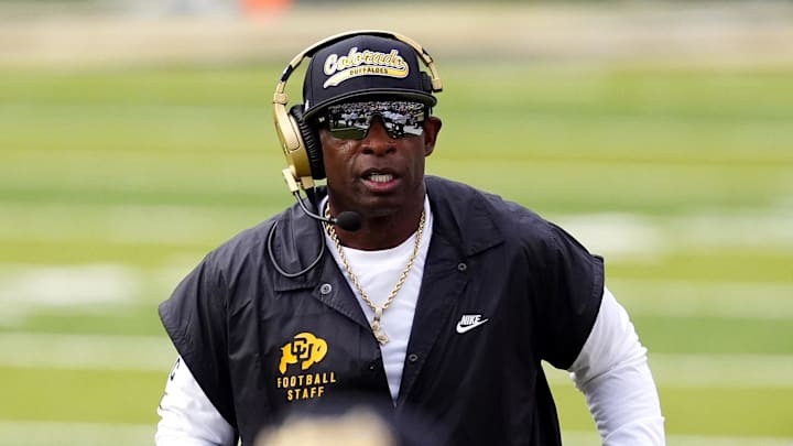 Aug 29, 2025; Boulder, Colorado, USA; Colorado Buffaloes head coach Deion Sanders during the first quarter against the Georgia Tech Yellow Jackets at Folsom Field. Mandatory Credit: Ron Chenoy-Imagn Images