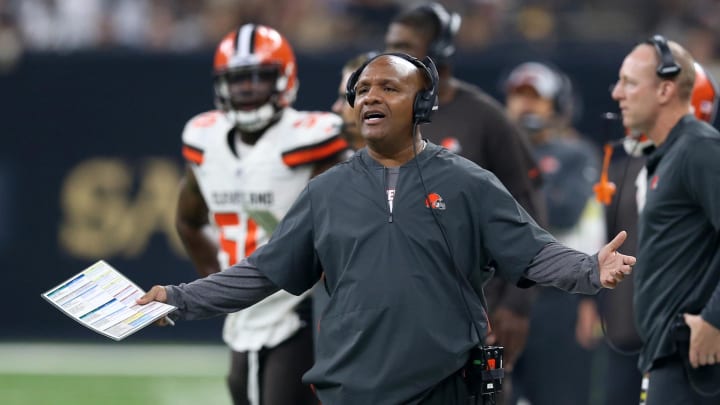 Sep 16, 2018; New Orleans, LA, USA; Cleveland Browns head coach Hue Jackson reacts on the sidelines in the first quarter against the New Orleans Saints at Mercedes-Benz Superdome. Mandatory Credit: Chuck Cook-USA TODAY Sports