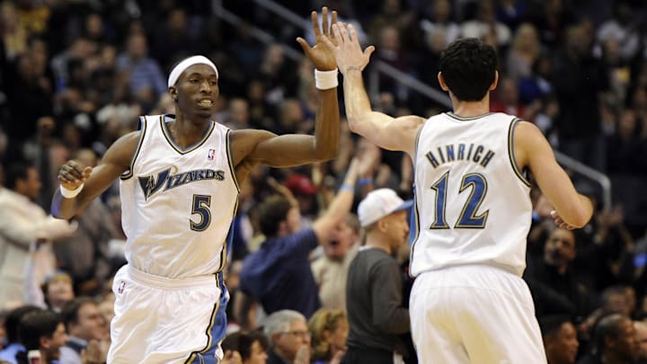 Washington Wizards small forward Josh Howard (5) celebrates a shot with guard Kirk Hinrich (12) during the second half at the Verizon Center. Washington Wizards small forward Josh Howard (5) celebrates a shot with guard Kirk Hinrich (12) during the second half at the Verizon Center.