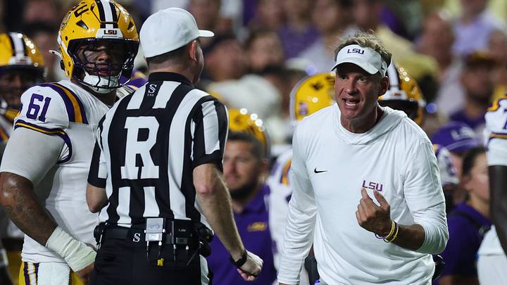 Sep 26, 2026; Baton Rouge, Louisiana, USA;  LSU Tigers head coach Lane Kiffin reacts during the second quarter against the Texas A&M Aggies at Tiger Stadium.  Mandatory Credit: Stephen Lew-Imagn Images