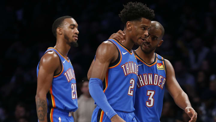 Jan 7, 2020; Brooklyn, New York, USA; Oklahoma City Thunder guard Shai Gilgeous-Alexander (2) and Oklahoma City Thunder guard Chris Paul (3) react in overtime against the Brooklyn Nets at Barclays Center. Mandatory Credit: Nicole Sweet-Imagn Images Jan 7, 2020; Brooklyn, New York, USA; Oklahoma City Thunder guard Shai Gilgeous-Alexander (2) and Oklahoma City Thunder guard Chris Paul (3) react in overtime against the Brooklyn Nets at Barclays Center. Mandatory Credit: Nicole Sweet-Imagn Images