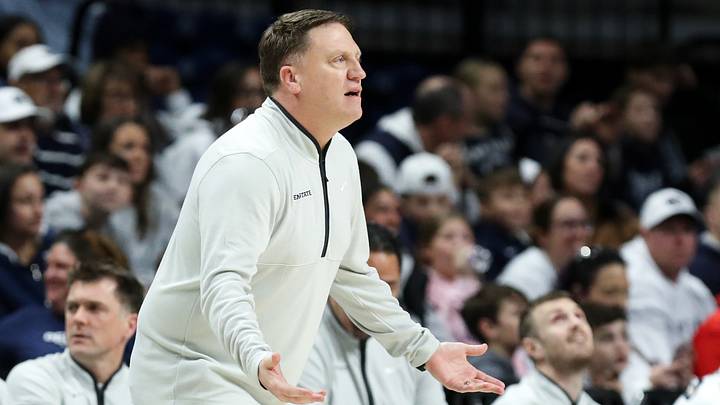 Penn State Nittany Lions head coach Mike Rhoades argues a call from the bench during the first half against the North Carolina Central Eagles at Bryce Jordan Center. Penn State Nittany Lions head coach Mike Rhoades argues a call from the bench during the first half against the North Carolina Central Eagles at Bryce Jordan Center.
