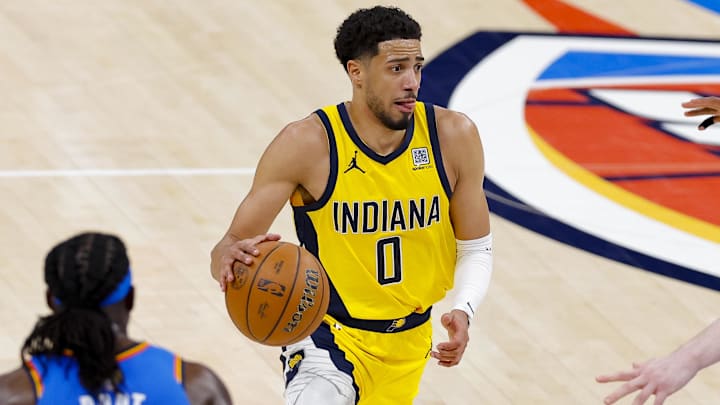 Jun 8, 2025; Oklahoma City, Oklahoma, USA; Indiana Pacers guard Tyrese Haliburton (0) brings the ball up court against the Oklahoma City Thunder during the third quarter of game two of the 2025 NBA Finals at Paycom Center. Mandatory Credit: Alonzo Adams-Imagn Images