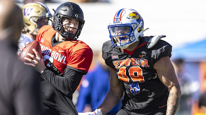 Jan 31, 2024; Mobile, AL, USA; National edge Austin Booker of Kansas (49) screams after a touch sack